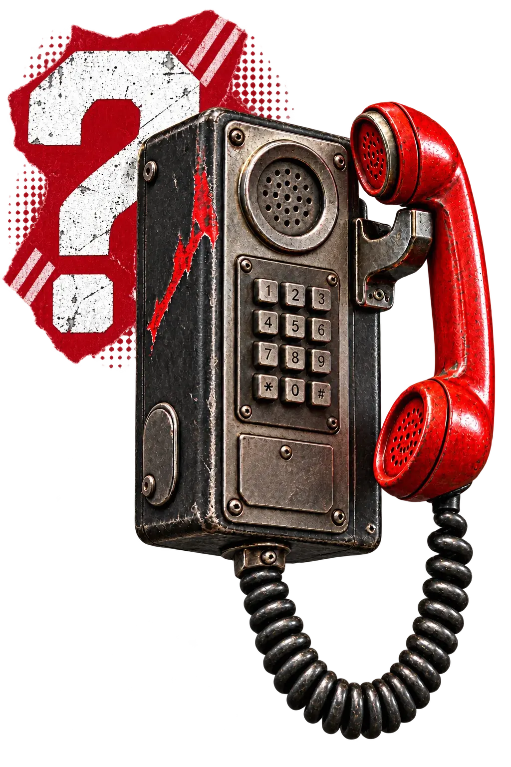 Industrielles schwarzes Telefon mit rotem Hörer und weißem Fragezeichen auf roter Collage